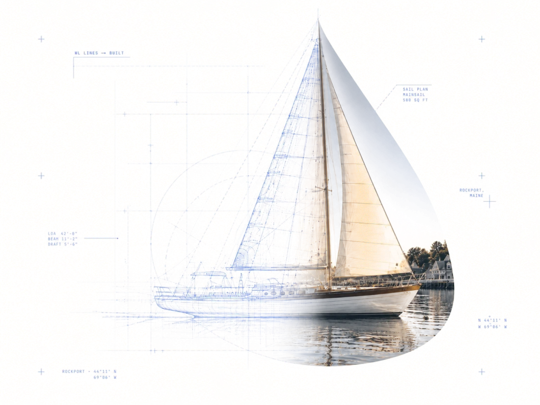 Sailboat at the Rockport, Maine waterfront, rendered as a blueprint transitioning into a photograph